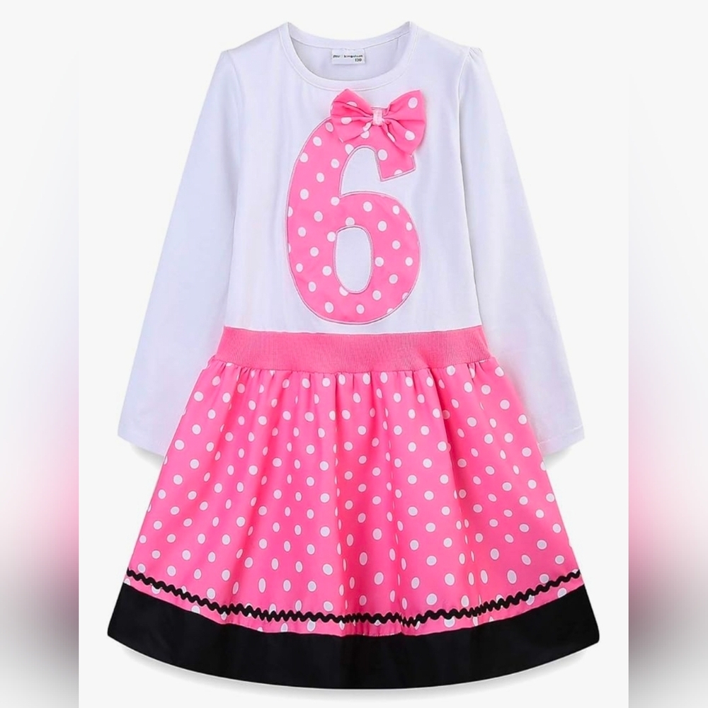Girls 6th Birthday Pink and Black Polka Dot Long Sleeve Dress- Size 6 Years